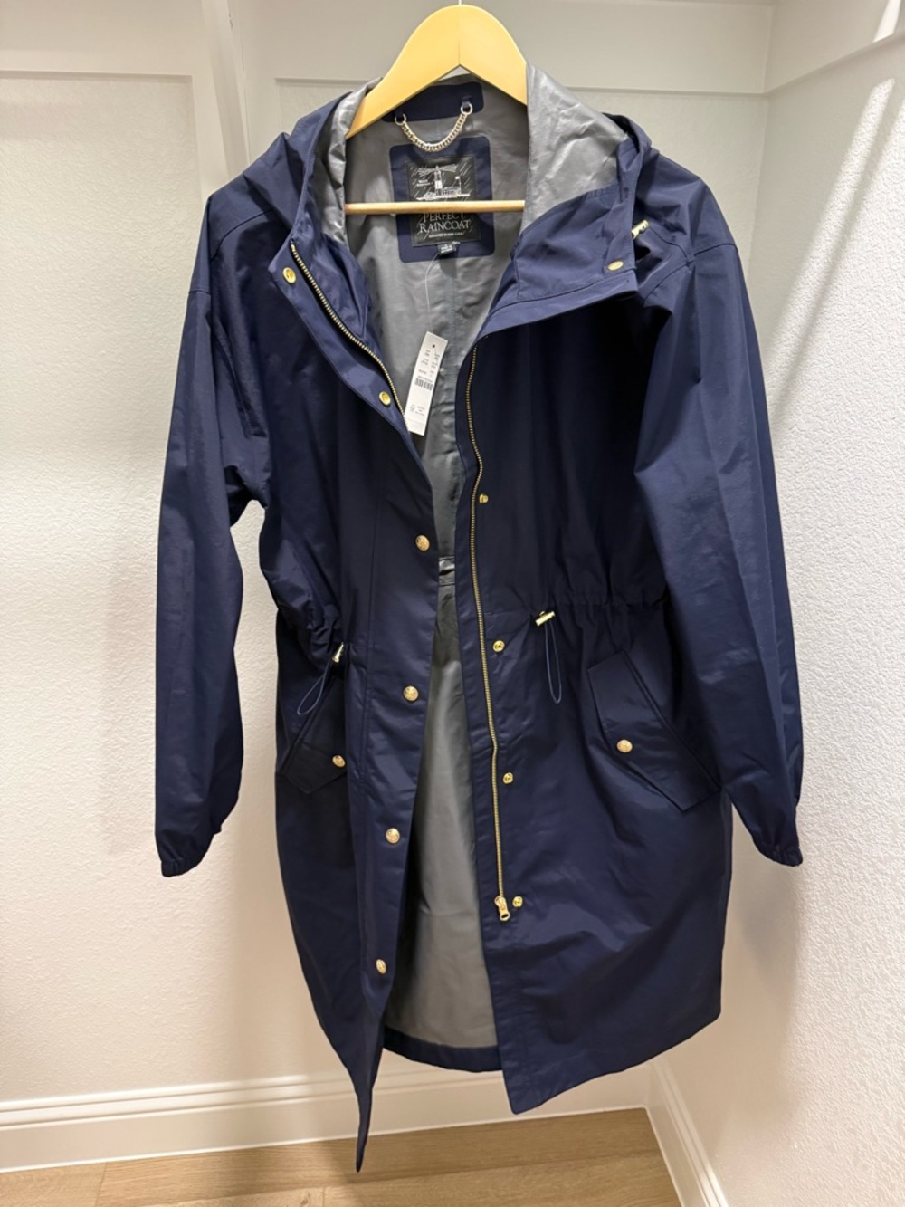 Brand-new J.Crew Navy Hooded Raincoat with Gold Buttons